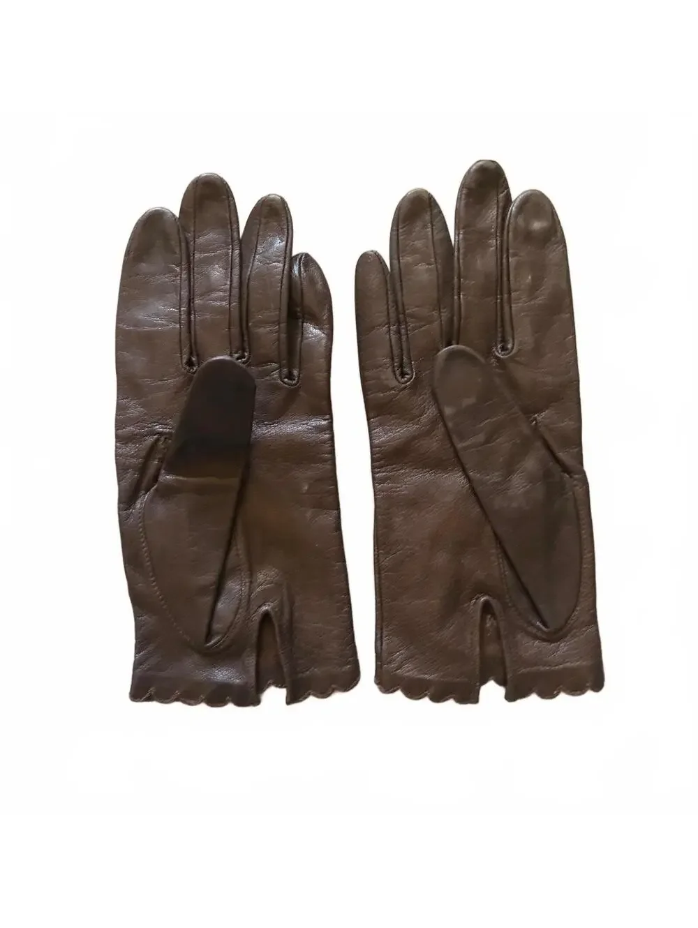 Vintage Miss Aris Brown Leather Gloves with Scalloped Edges